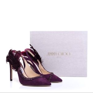 Jimmy Choo Tacey 100 Suede W/ Crystal and Feather Grape Heels SZ 36